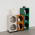 Modern Multicolored Bookshelves With Circular Compartments And Lamp On Beige Unit