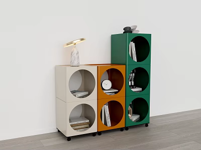 Modern Multicolored Bookshelves With Circular Compartments And Lamp On Beige Unit 3d model