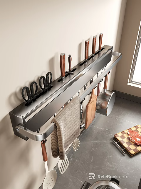 Modern Kitchen Wall Mount Storage Rack With Knives Scissors Cutting Board And Utensils 3d model