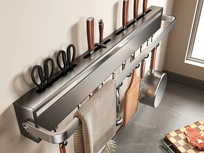 Modern Kitchen Wall Mount Storage Rack With Knives Scissors Cutting Board And Utensils 3d model