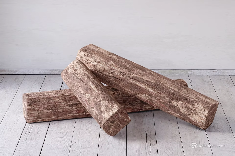 Rustic Stone Wood Logs Piled on Wooden Floor Against Light Colored Wall 3d model 