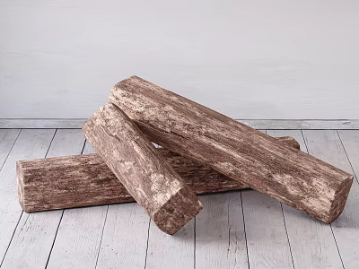Rustic Stone Wood Logs Piled on Wooden Floor Against Light Colored Wall 3d model