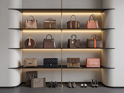 Luxury Bags on Illuminated Shelves Featuring Various Styles Colors and Shoes 3d model