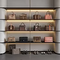 Luxury Bags on Illuminated Shelves Featuring Various Styles Colors and Shoes