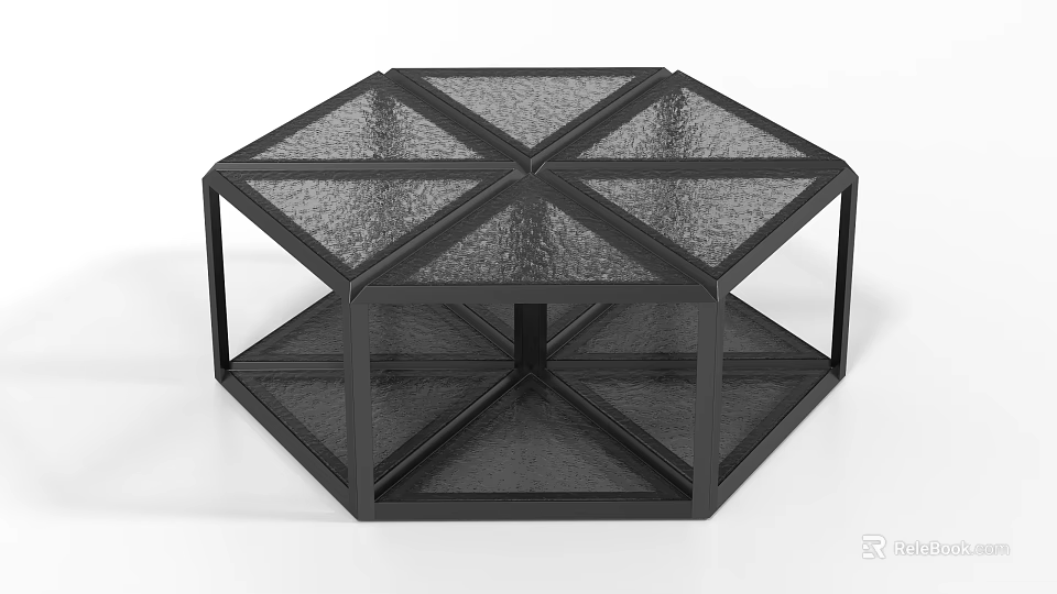 Hexagonal Coffee Table With Black Metal Frame And Transparent Textured Top 3d model 