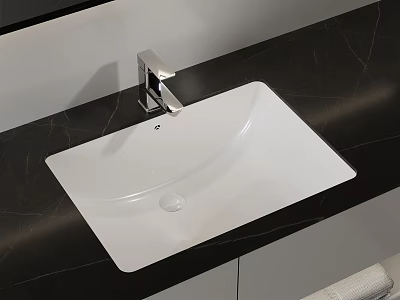 Modern White Square Washbasin with Chrome Faucet on Black Marble Countertop 3d model