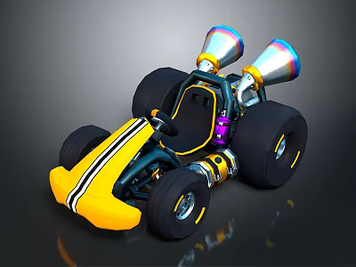 Yellow Go Kart With Black Stripes Large Tires And Dual Exhaust Pipes 3d model