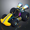 Yellow Go Kart With Black Stripes Large Tires And Dual Exhaust Pipes