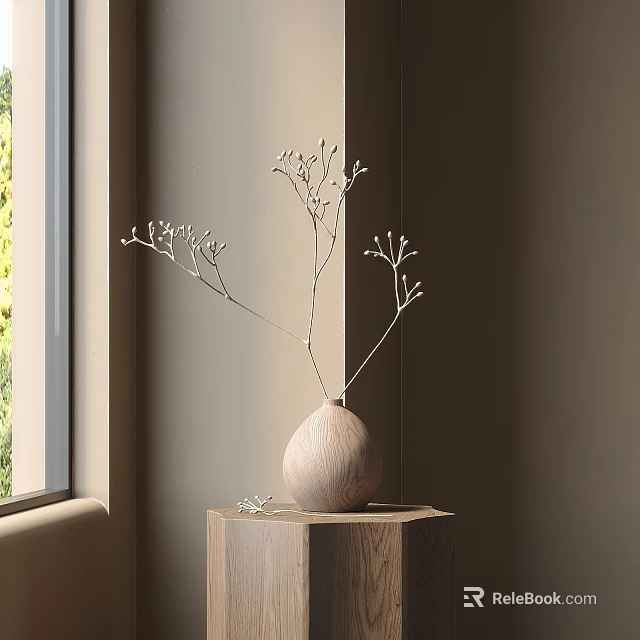 Beige Wooden Vase With White Twig Flowers On Hexagonal Table By Window 3d model 