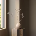 Beige Wooden Vase With White Twig Flowers On Hexagonal Table By Window