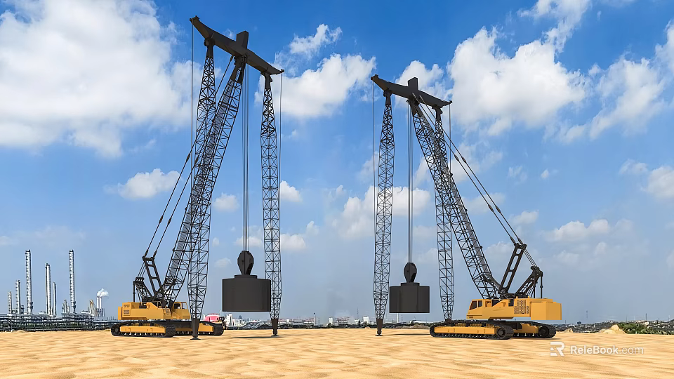 Two Industrial Equipment Cranes With Long Booms Heavy Weights On Construction Site Under Blue Sky 3d model 