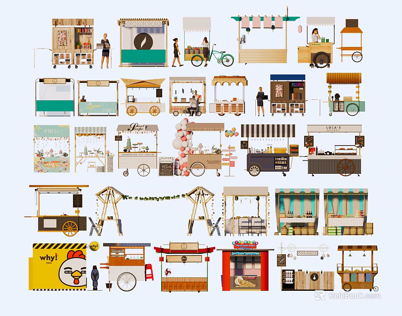 Different Functional Food Carts Featuring Shelves Canopies And Mobile Street Designs 3d model 