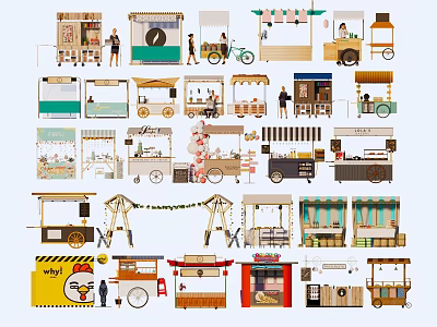 Different Functional Food Carts Featuring Shelves Canopies And Mobile Street Designs 3d model