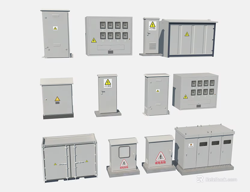 Grey Electrical Control Boxes With Warning Signs As Garden Ornaments In Various Sizes 3d model 