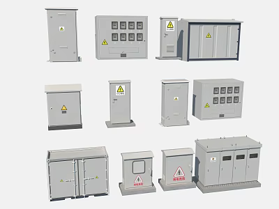 Grey Electrical Control Boxes With Warning Signs As Garden Ornaments In Various Sizes 3d model