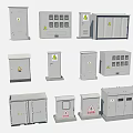 Grey Electrical Control Boxes With Warning Signs As Garden Ornaments In Various Sizes