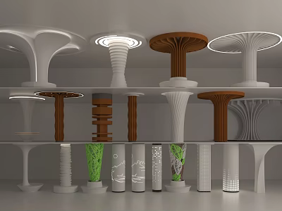 Various Designed Columns in White and Brown with Patterns Top Decorations and Green Plants 3d model
