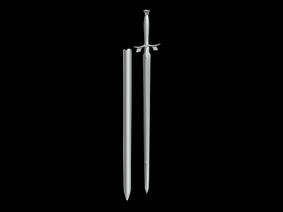 Classic Medieval Silver Sword with Scabbard and Intricate Hilt on Black Background 3d model