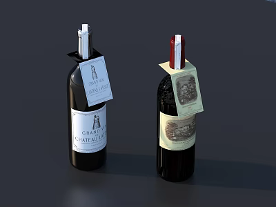 Stylish Wine Bottles And Wine Glasses With Detailed Labels On Dark Background 3d model