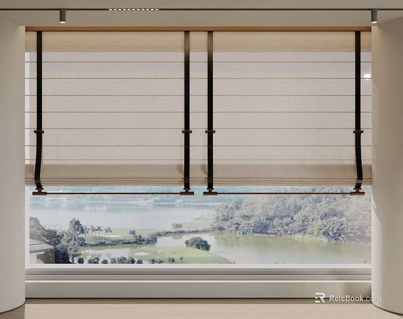 Beige Window Blinds With Black Brackets Overlooking Lake And Green Scenery 3d model 
