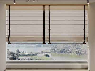 Beige Window Blinds With Black Brackets Overlooking Lake And Green Scenery 3d model