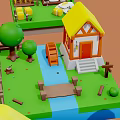 Cartoon Farm Scenes With Windmill Cottages Animals Tractor Barn Pond And Plants