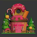 Colorful Sweet Themed Building With Pink Donut Roof Candy Cane Green Trees And Tables