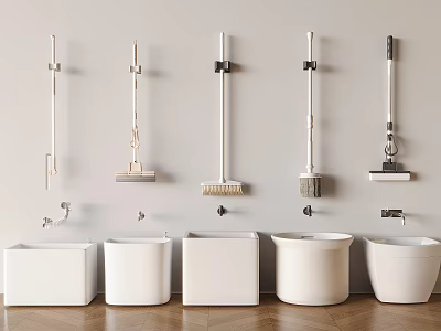 Bathroom Accessories With Wall Mounted Mops Brushes And White Basins For Bathroom Organization 3d model