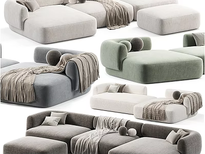 Modern Sectional Sofa with Light Gray Green White Upholstery Throw Blankets and Ottoman 3d model