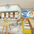 Bright Modern Restaurant Interior With Yellow White Chairs Wooden Counter And Menu Posters