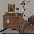 Modern Wooden Console Table with Drawers Shelves Floor Lamp Green Plant and Decorative Painting