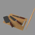 Cooking Tools Wooden Cutting Board With Three Kitchen Knives Red Handles