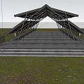 Modern Geometric Wooden Pavilion With Angular Roof Structure Surrounded By Trees And Green Grass