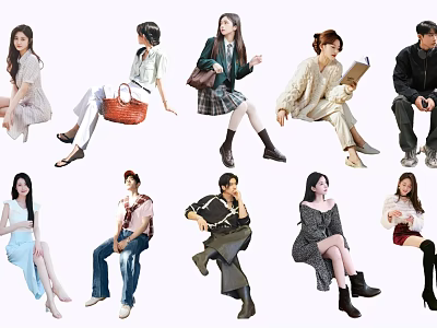 Group of People in Different Casual Outfits Sitting in Various Relaxed Poses 3d model