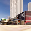 Modern Commercial Street With Tall Buildings Shops And Pedestrian Area