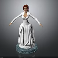 Woman in White Dress as Detailed 3D Model Standing on Blue Base with Gray Background