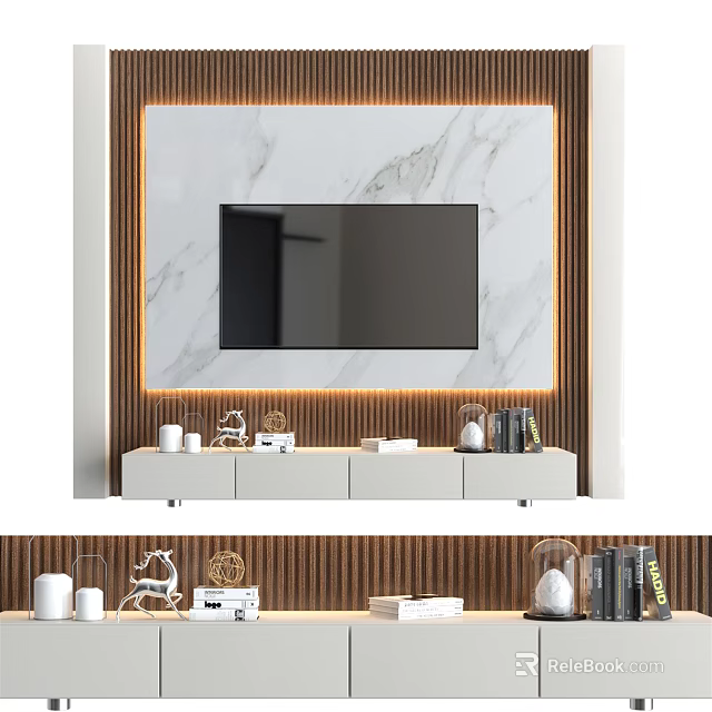 Modern TV Wall Design With Marble Panel LED Strip And Decorative Items On White Stand 3d model