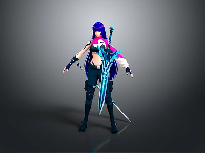 Anime Style Female Character With Purple Long Hair And Blue Sword In Combat Outfit 3d model