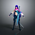 Anime Style Female Character With Purple Long Hair And Blue Sword In Combat Outfit
