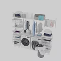 Laundry Room Organization With Washing Machines Hanging Clothes And Storage Shelves