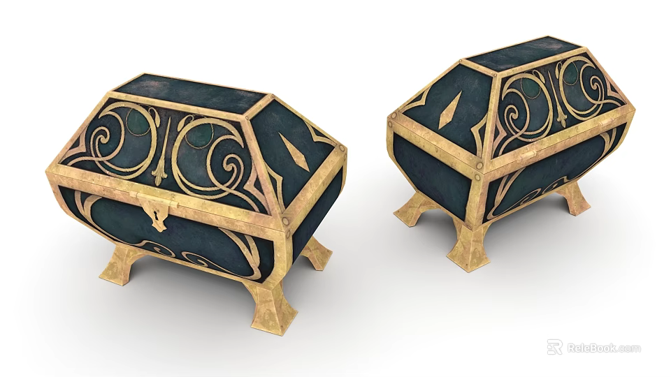 Ornate Dark Blue And Gold Decorative Chests With Intricate Scroll Patterns And Golden Feet 3d model 