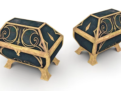 Ornate Dark Blue And Gold Decorative Chests With Intricate Scroll Patterns And Golden Feet 3d model
