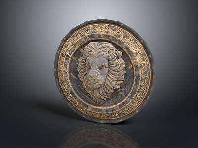 Ornate Vintage Shield Featuring Lion Head Carving And Golden Edges 3d model