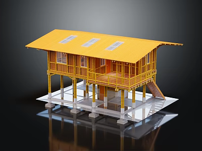 Cartoon Scene of Yellow House with Yellow Roof White Support Columns Railing and Stairs 3d model