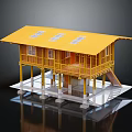 Cartoon Scene of Yellow House with Yellow Roof White Support Columns Railing and Stairs