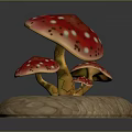 Vibrant Red Mushroom Caps with White Spots and Yellow Stems on Wooden Base