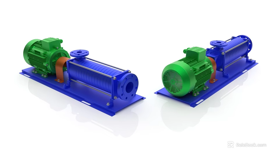 Green And Blue Industrial Pumps With Electric Motors On Horizontal Base Plates 3d model 