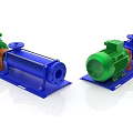 Green And Blue Industrial Pumps With Electric Motors On Horizontal Base Plates
