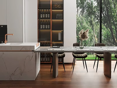 Modern Dining Table Set With Marble Island High Back Chairs Large Windows And Green Plants 3d model