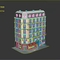 Classic Office Building With Multiple Floors Beige Exterior Red Green Ground Floor Storefronts And Balconies